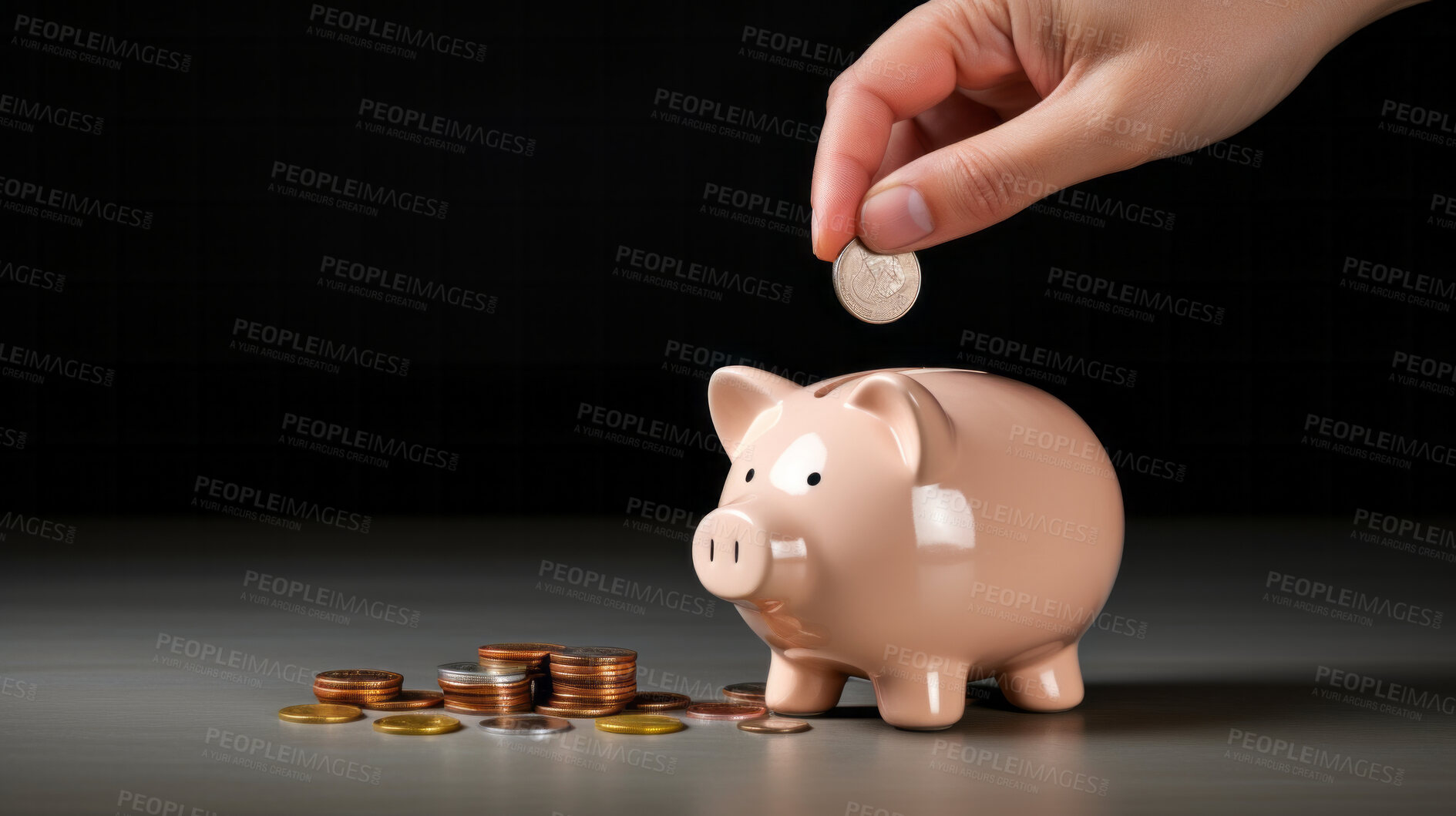 Buy stock photo Hand putting coin in piggy bank. Savings, budget and money management concept