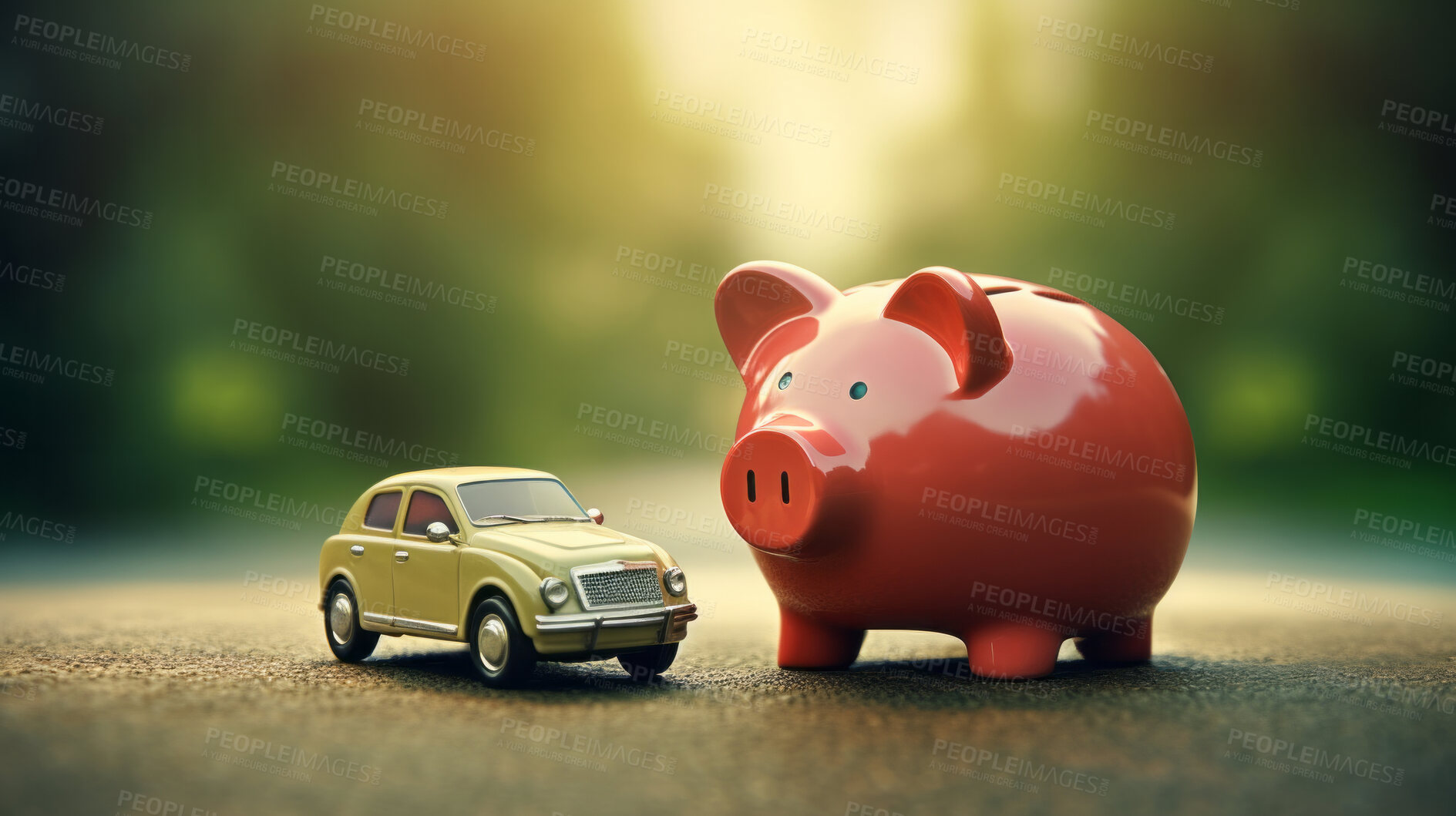 Buy stock photo Car and piggy bank budget. Financing, auto tax, insurance and car loans, savings concept