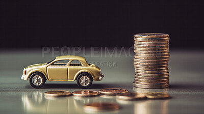 Car or vehicle with coins. Financing, auto tax, insurance and car loans, savings concept
