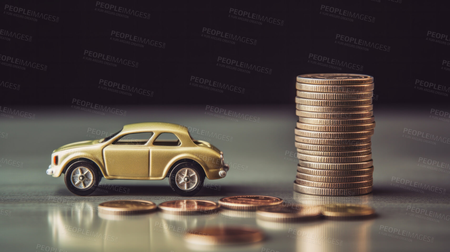 Buy stock photo Car or vehicle with coins. Financing, auto tax, insurance and car loans, savings concept