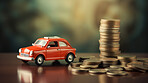 Car or vehicle with coins. Financing, auto tax, insurance and car loans, savings concept