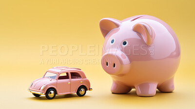 Car and piggy bank budget. Financing, auto tax, insurance and car loans, savings concept