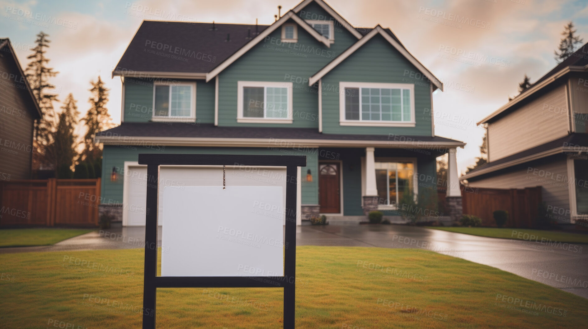 Buy stock photo New home for sale sign. Beautiful surburban or residential home exterior