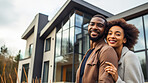 Couple, new home and outdoor  embracing after buying or renting real estate property