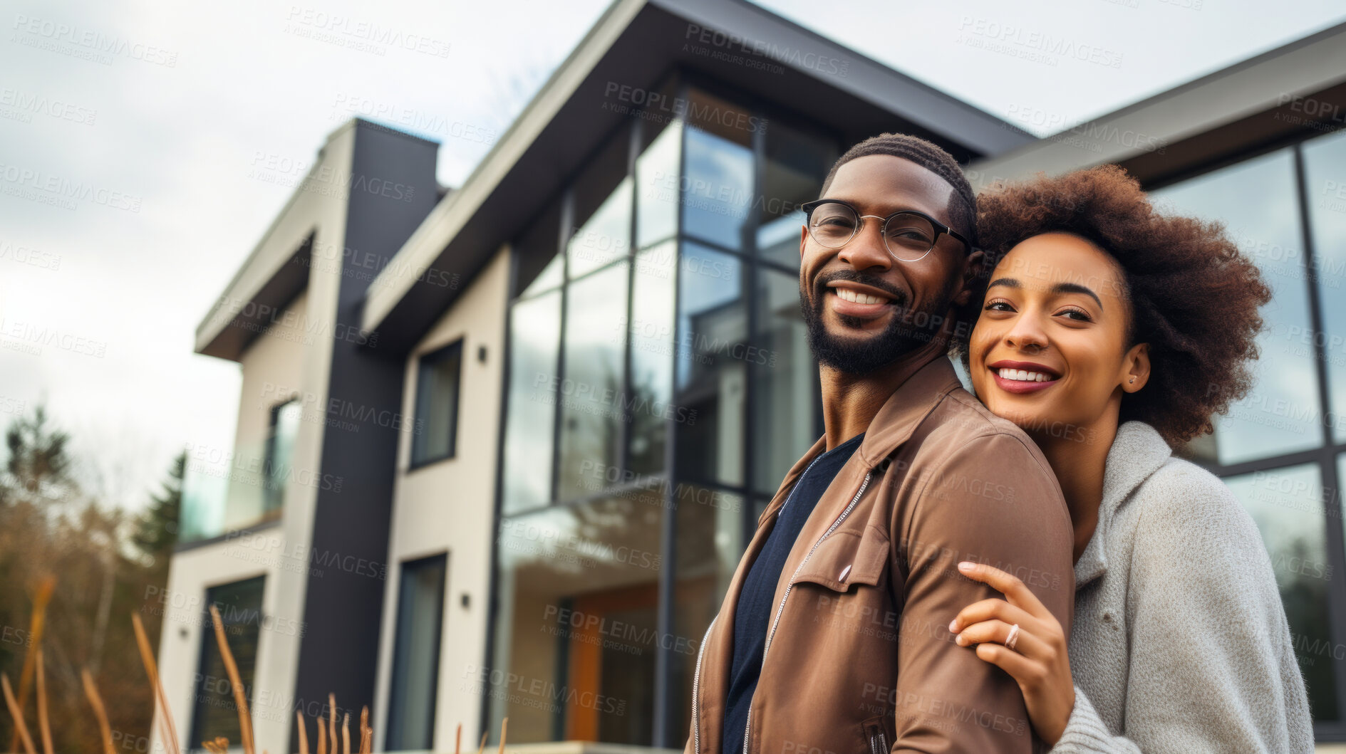 Buy stock photo Couple, new home and outdoor  embracing after buying or renting real estate property