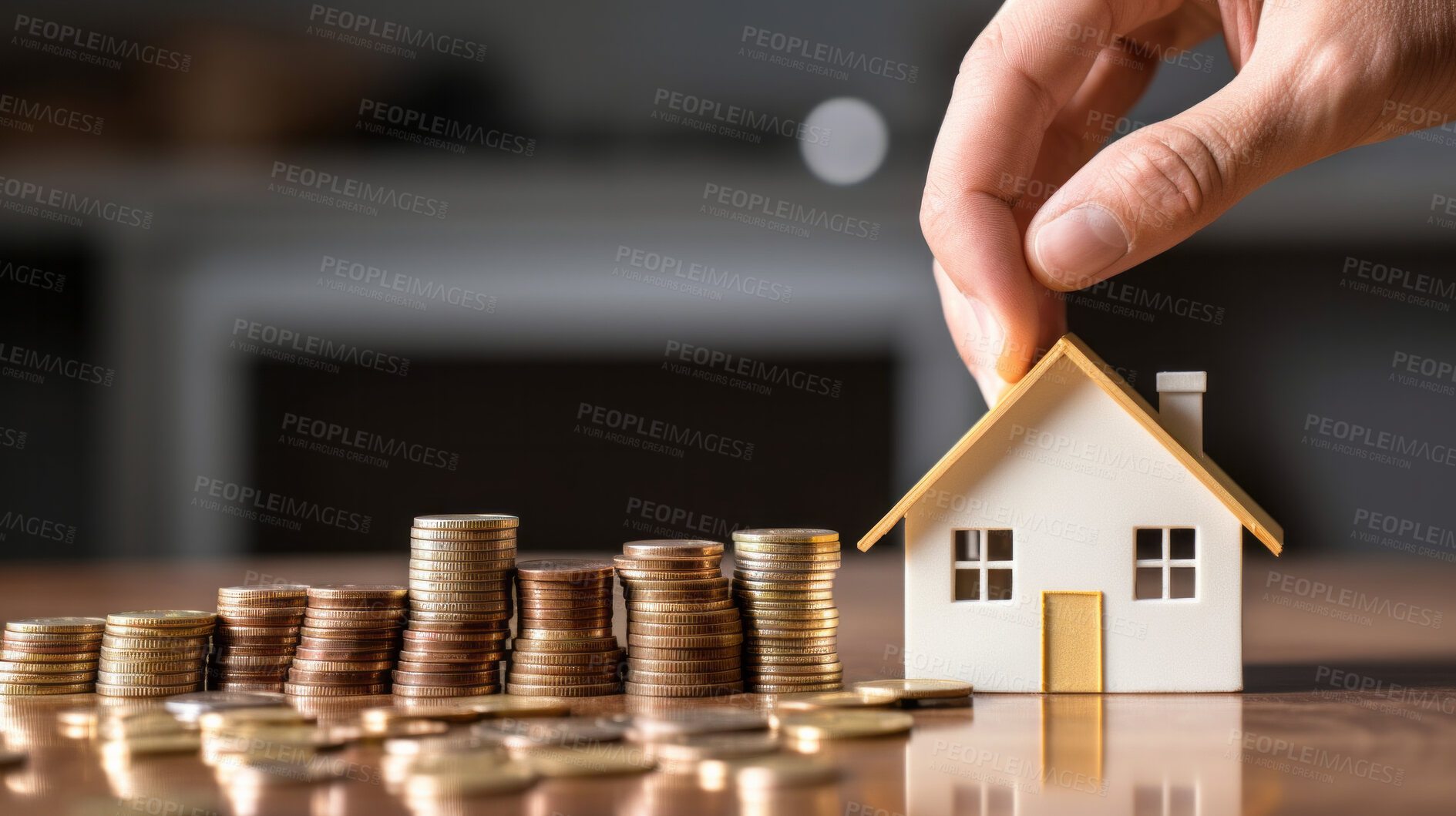 Buy stock photo House and coins for concept saving money for buying a house and mortgage