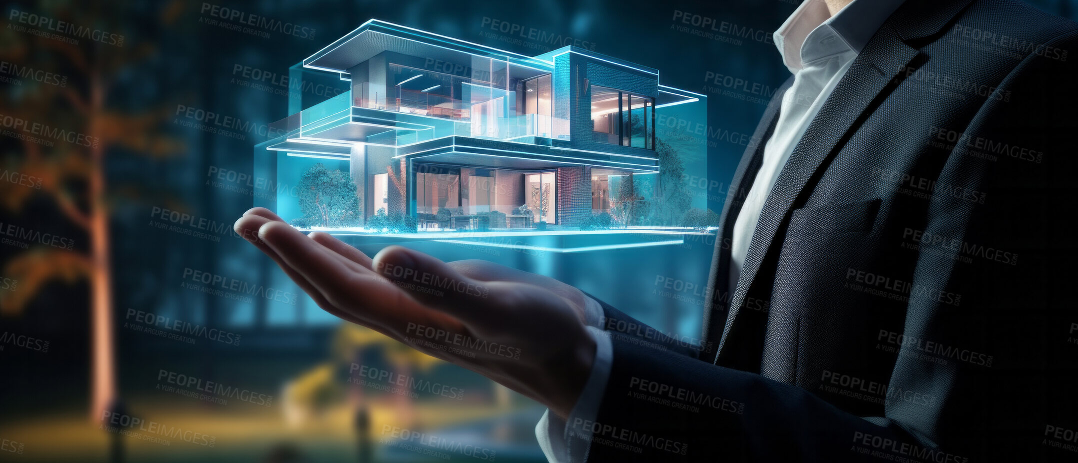 Buy stock photo House hologram concept. Home blueprint for engineers, architects and home owners