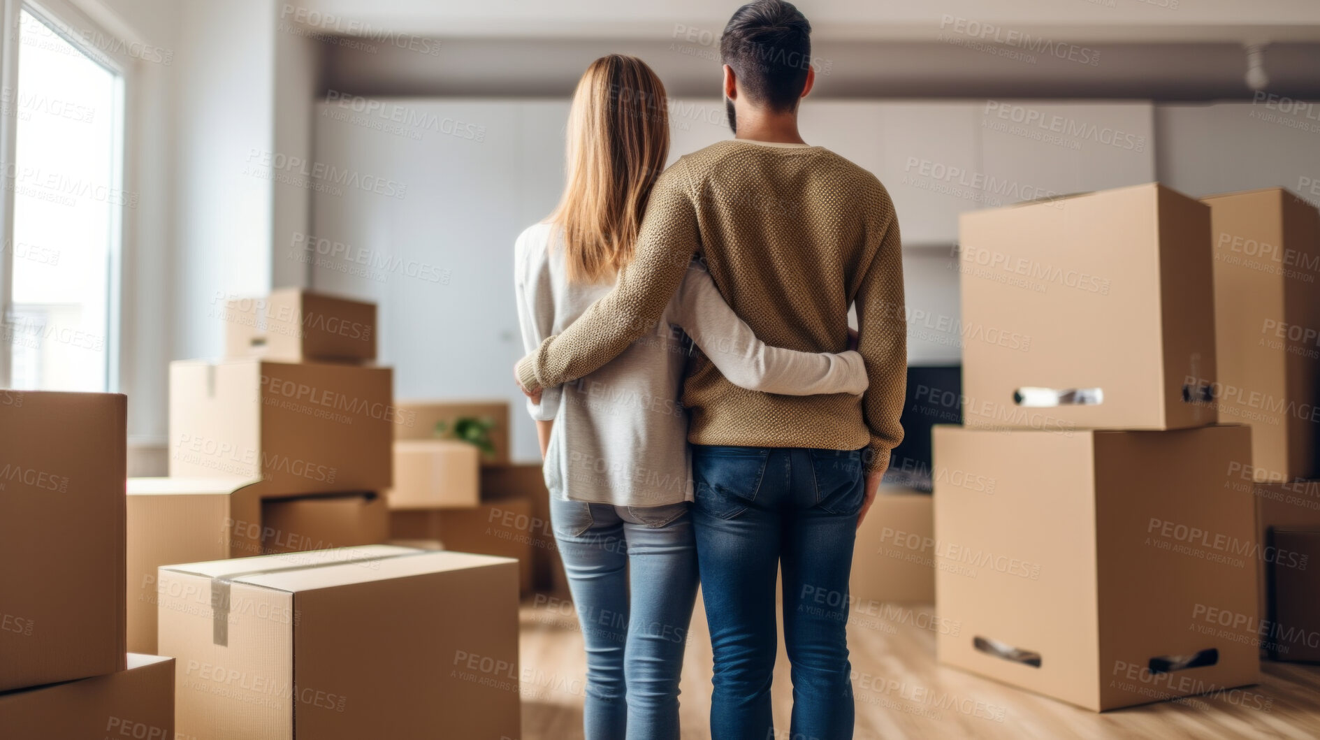 Buy stock photo Couple, new home and indoor  embracing after buying or renting real estate property