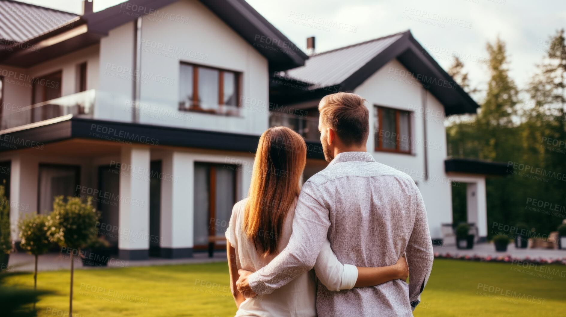 Buy stock photo Couple, new home and outdoor  embracing after buying or renting real estate property