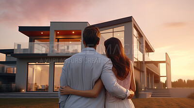 Couple, new home and outdoor embracing after buying or renting real estate property