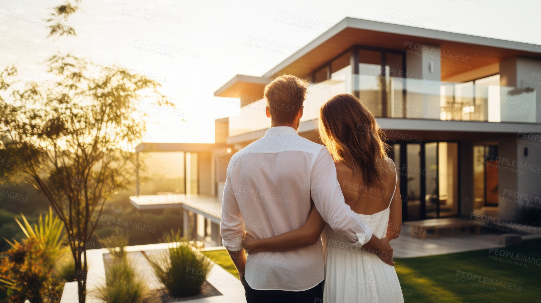 Buy stock photo Couple, new home and outdoor  embracing after buying or renting real estate property