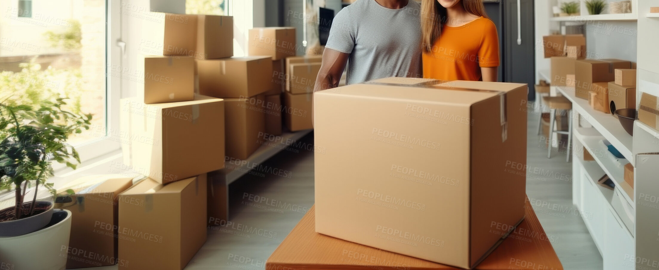 Buy stock photo Couple, new home and moving in together with boxes investment or relocation.