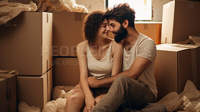 Couple, new home and moving in together with boxes investment or relocation.
