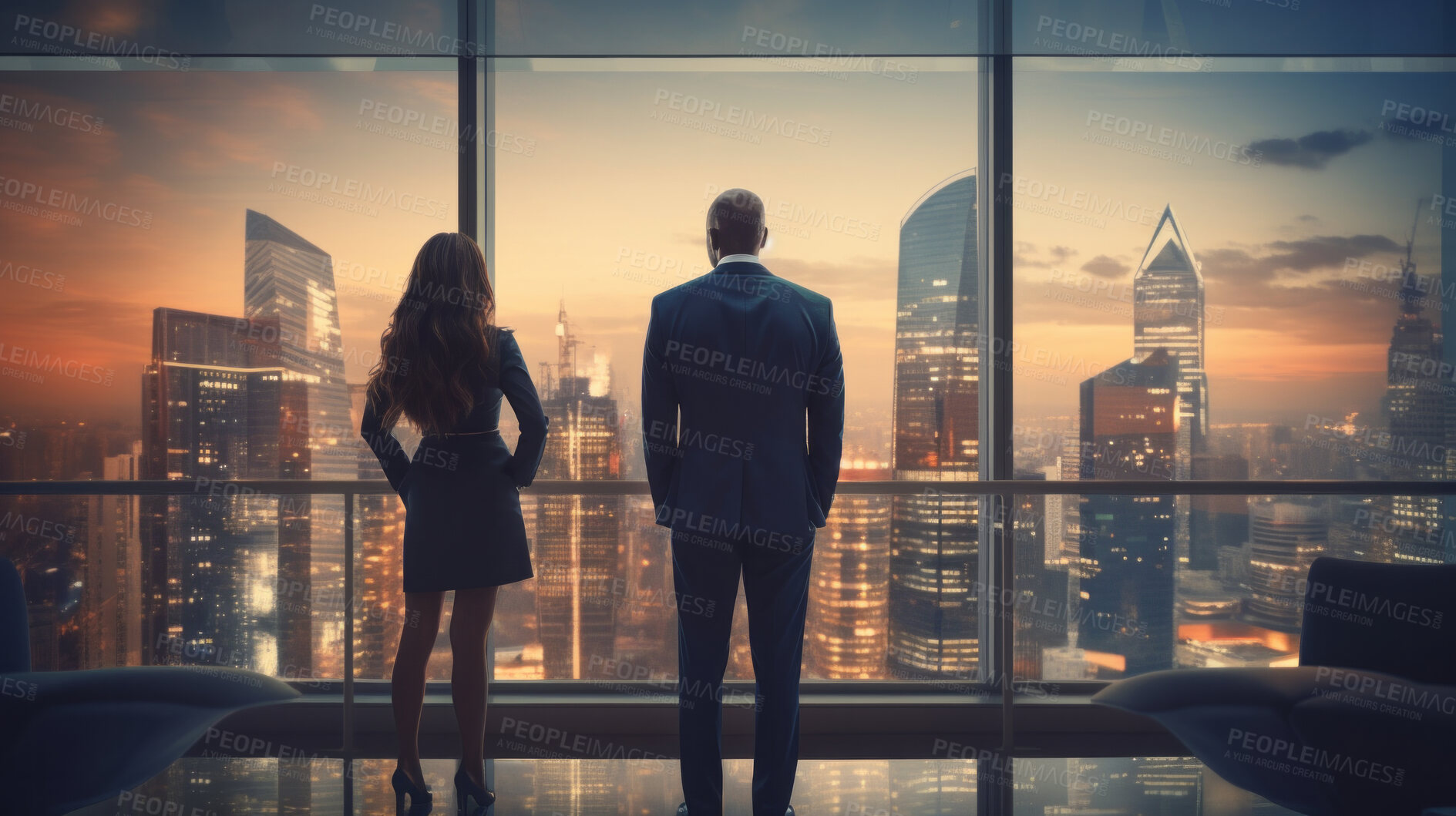 Buy stock photo Silhouette of a business people or executive looking at cityscape from office window