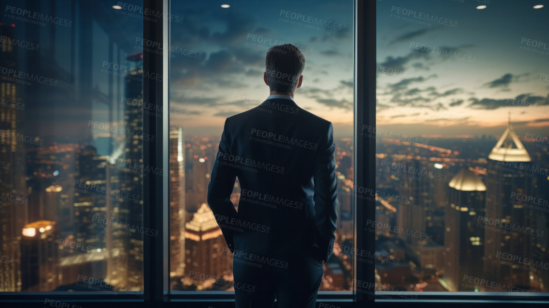 Buy stock photo Silhouette of a businessman or executive looking at a cityscape from his office or home window