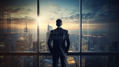 Silhouette of a businessman or executive looking at a cityscape from his office or home window