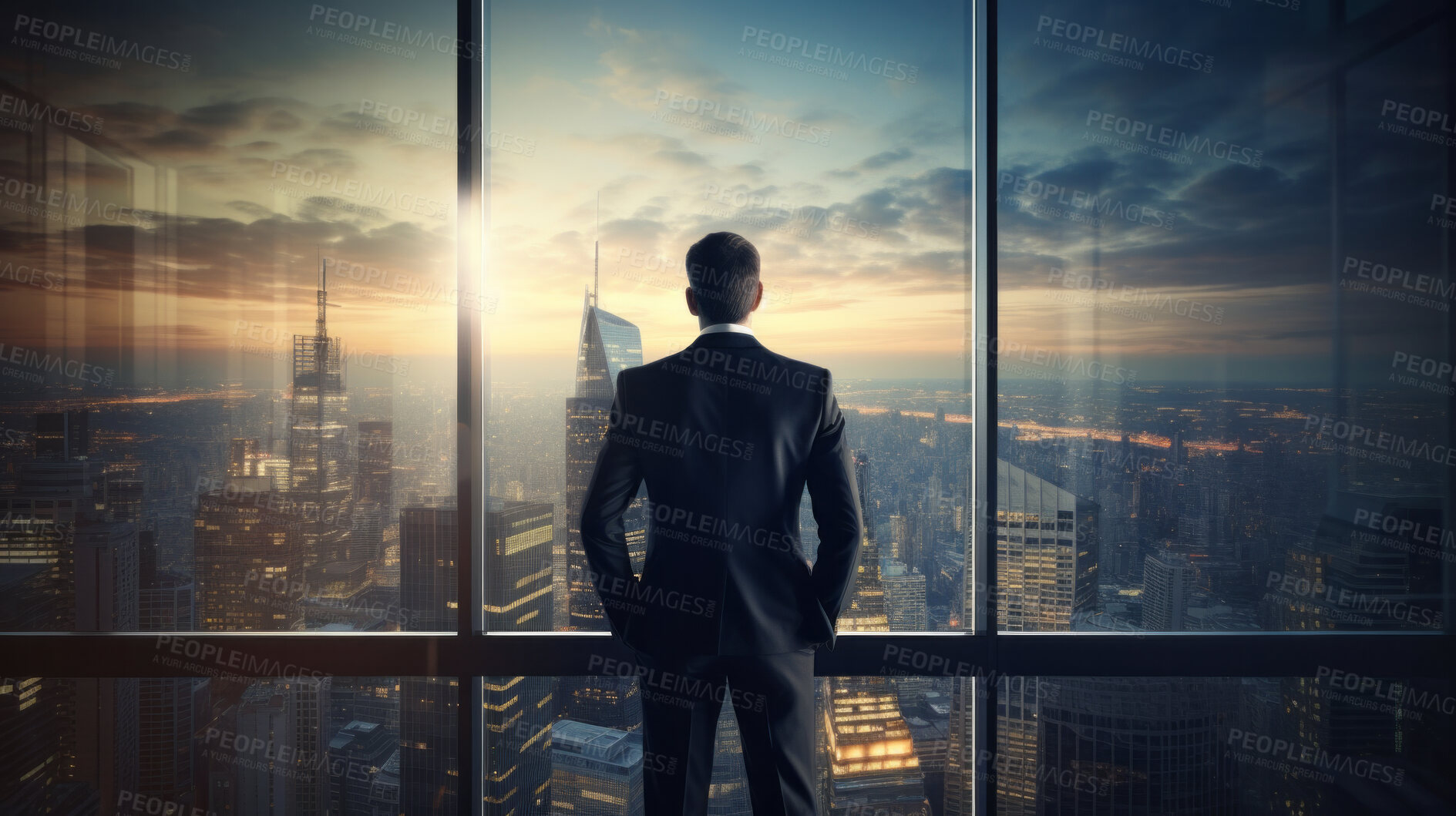 Buy stock photo Silhouette of a businessman or executive looking at a cityscape from his office or home window