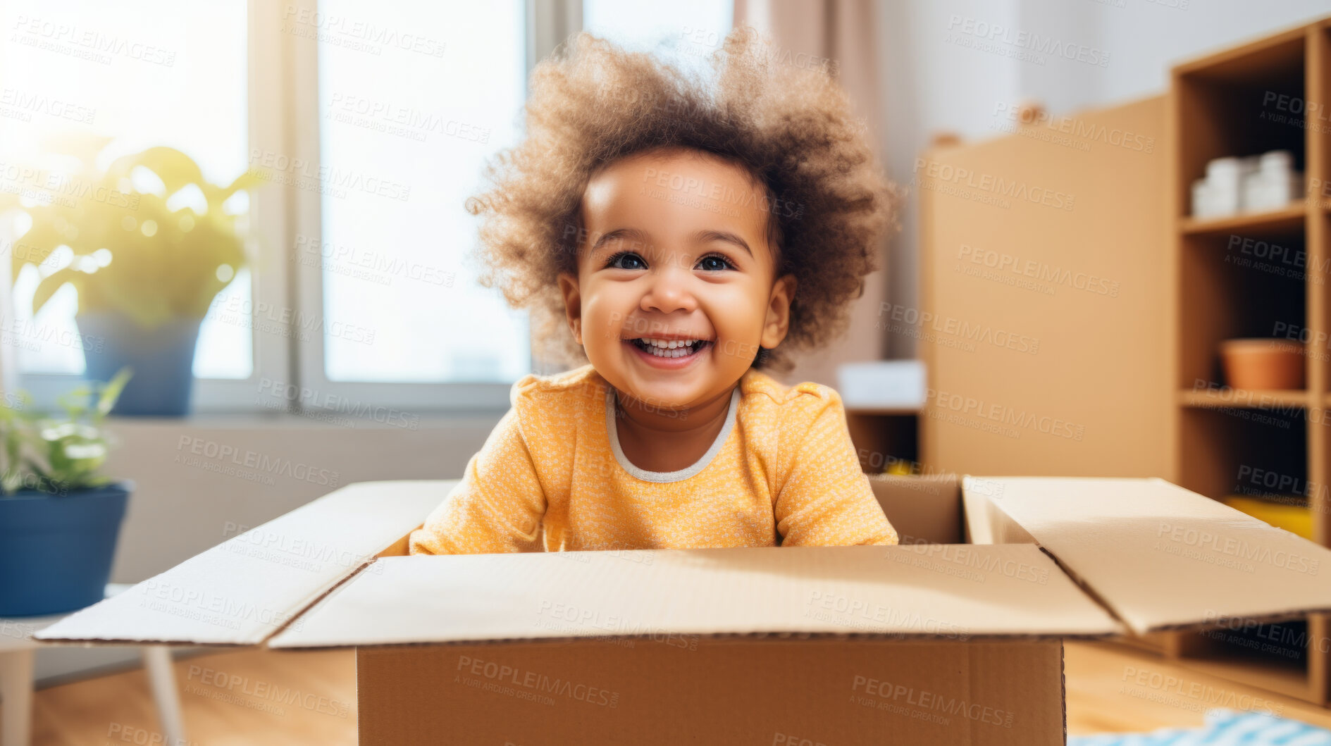 Buy stock photo Toddler baby inside a box. Moving in concept. New home or relocation, investment