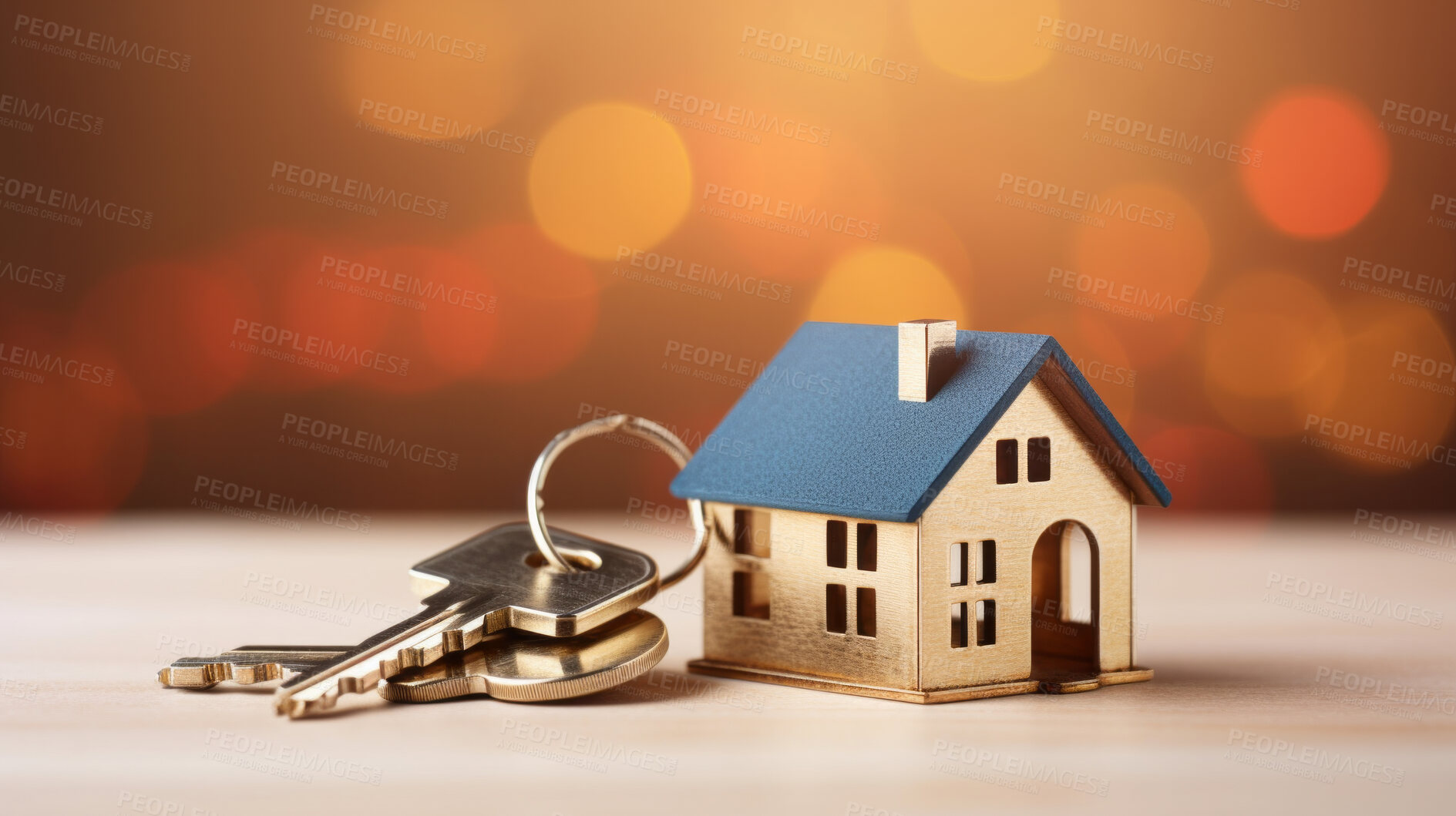 Buy stock photo Key with a house shape keychain. Real estate, home owner or home loan concept