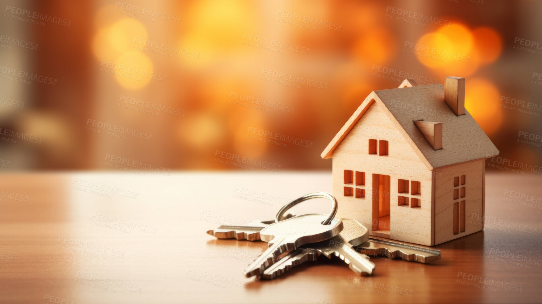 Buy stock photo Key with a house shape keychain. Real estate, home owner or home loan concept