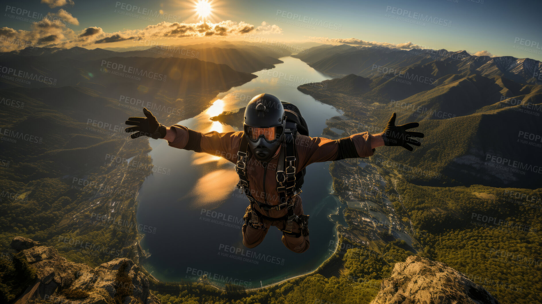 Buy stock photo Happy skydiver smiling while floating in air. Sunset or sunrise. Extreme sport concept.