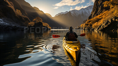 Man on kayak in calm river. Extreme sport concept.