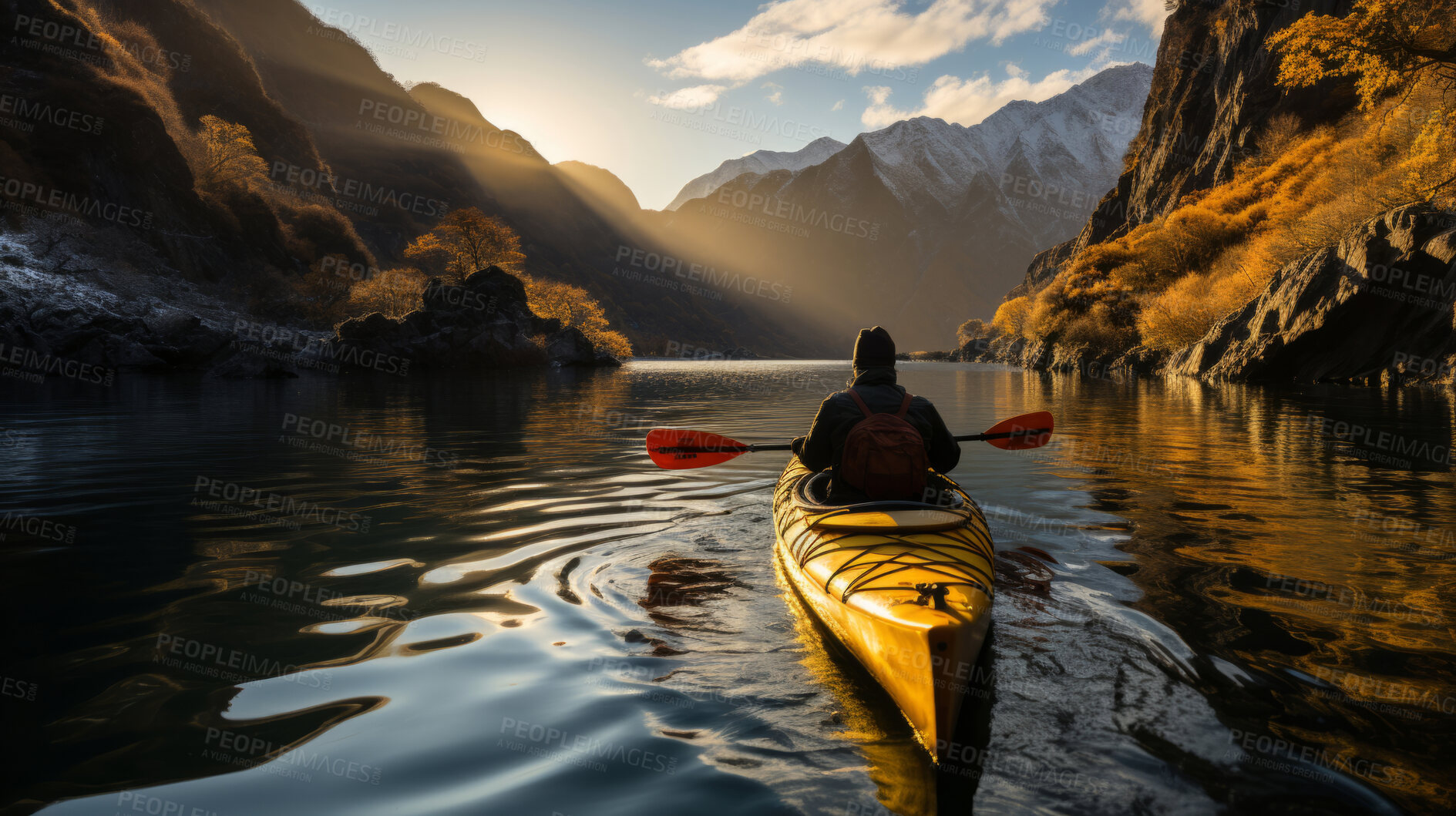 Buy stock photo Man on kayak in calm river. Extreme sport concept.