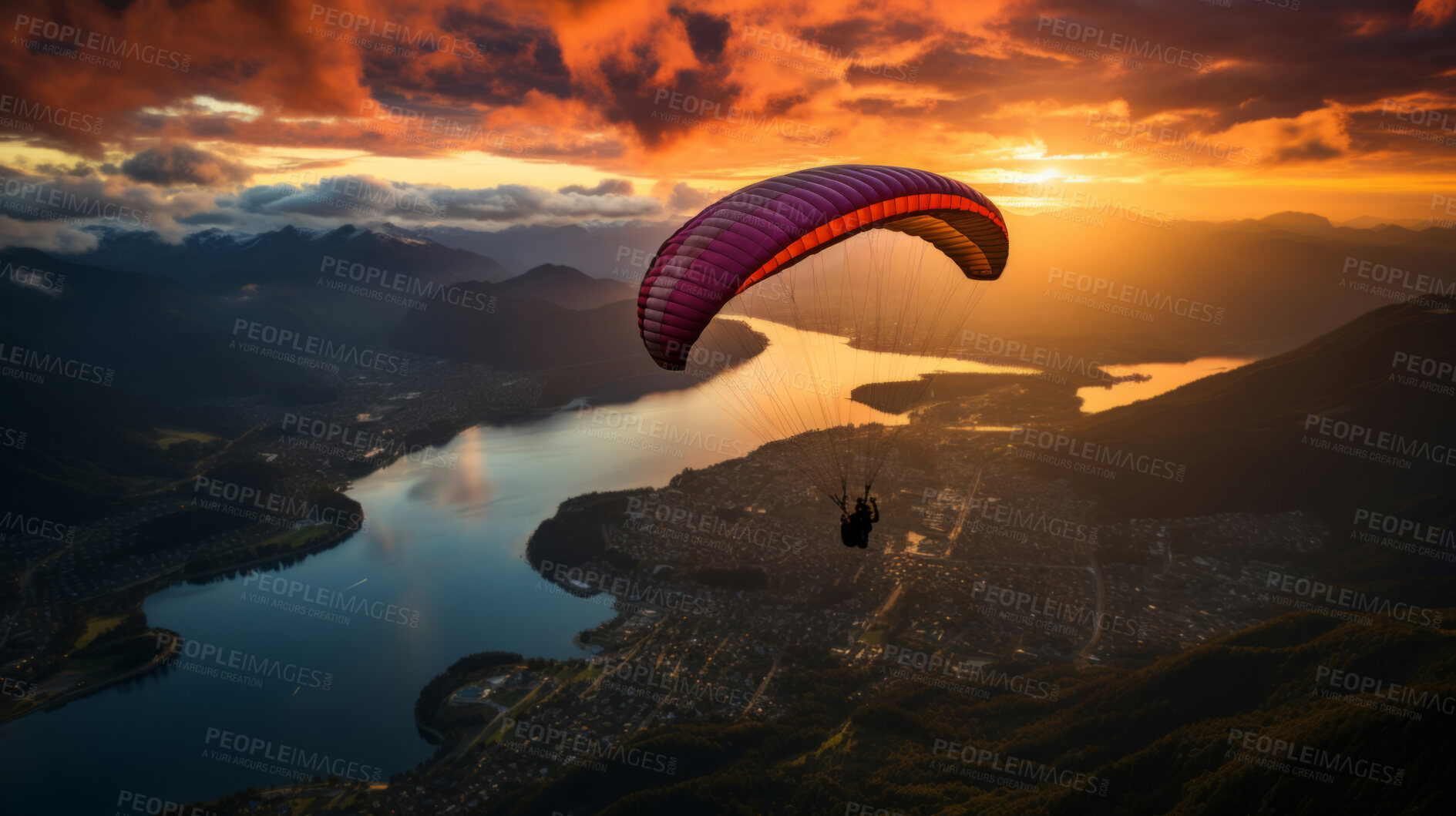 Buy stock photo Wide shot of paraglider against beautiful sunset views. Extreme sport concept.