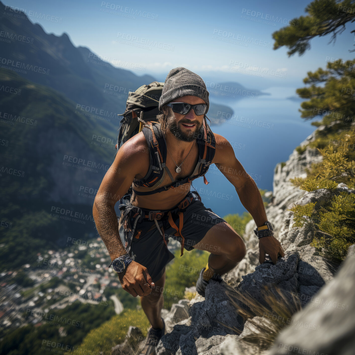 Buy stock photo Candid shot of hiker on mountain top. Sunset or sunrise. Extreme sport concept.