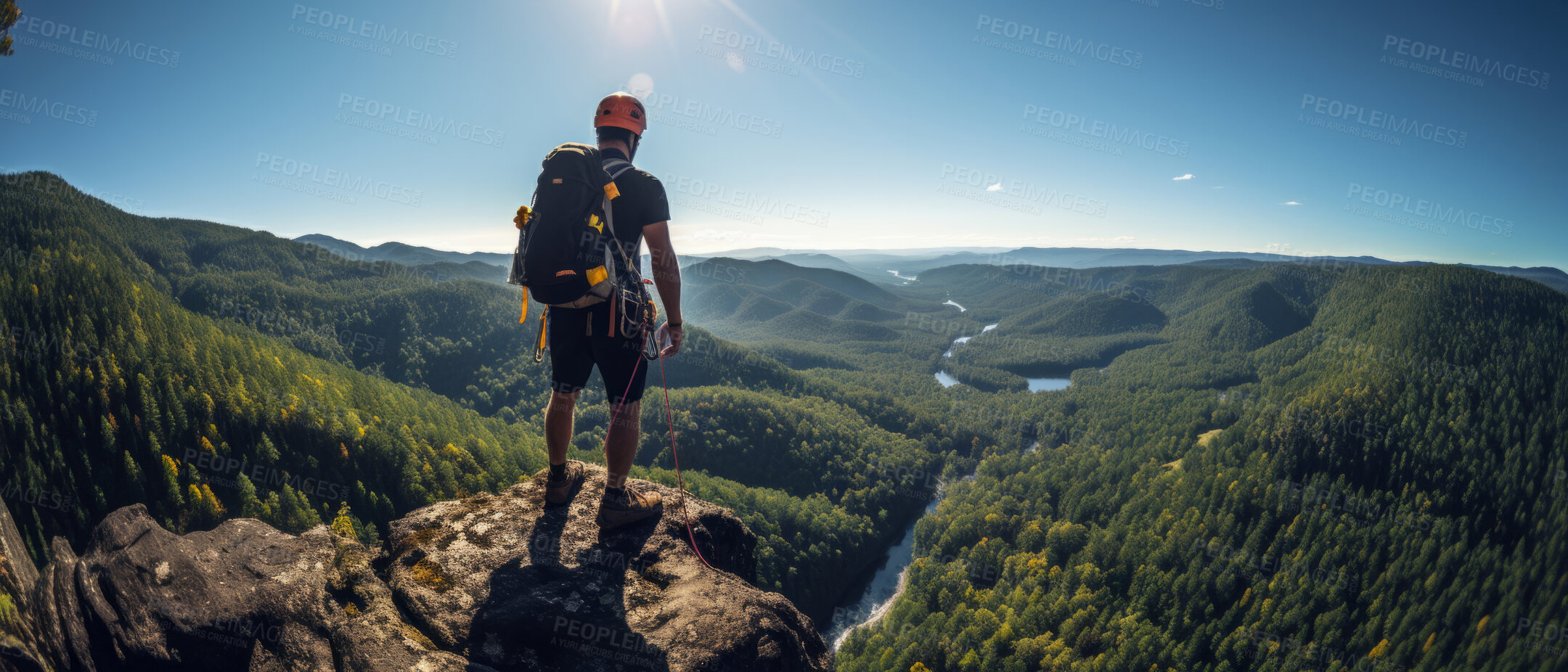 Buy stock photo Wide shot of hiker on mountain top. Extreme sport concept.