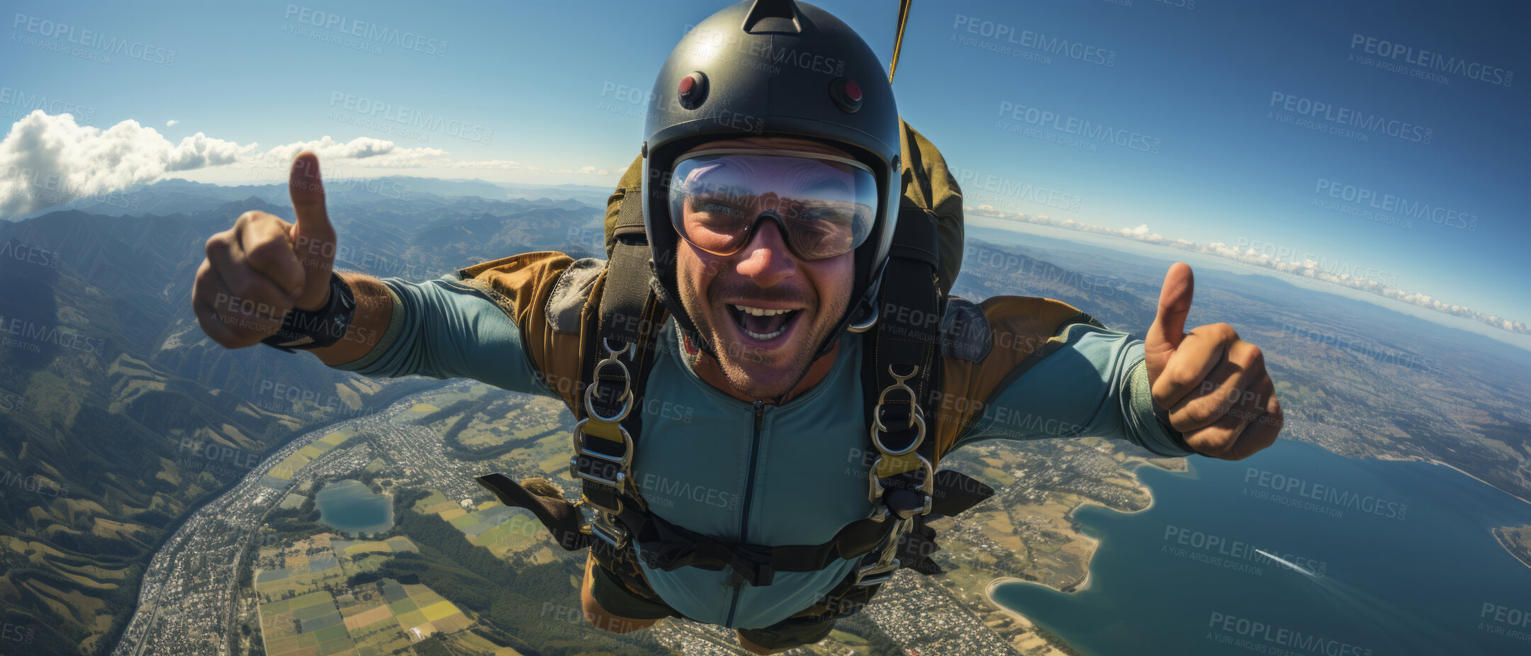 Buy stock photo Happy skydiver posing in mid air. Extreme sport concept.