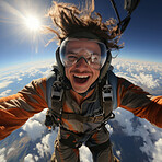 Happy skydiver taking selfie in mid air. Extreme sport concept.