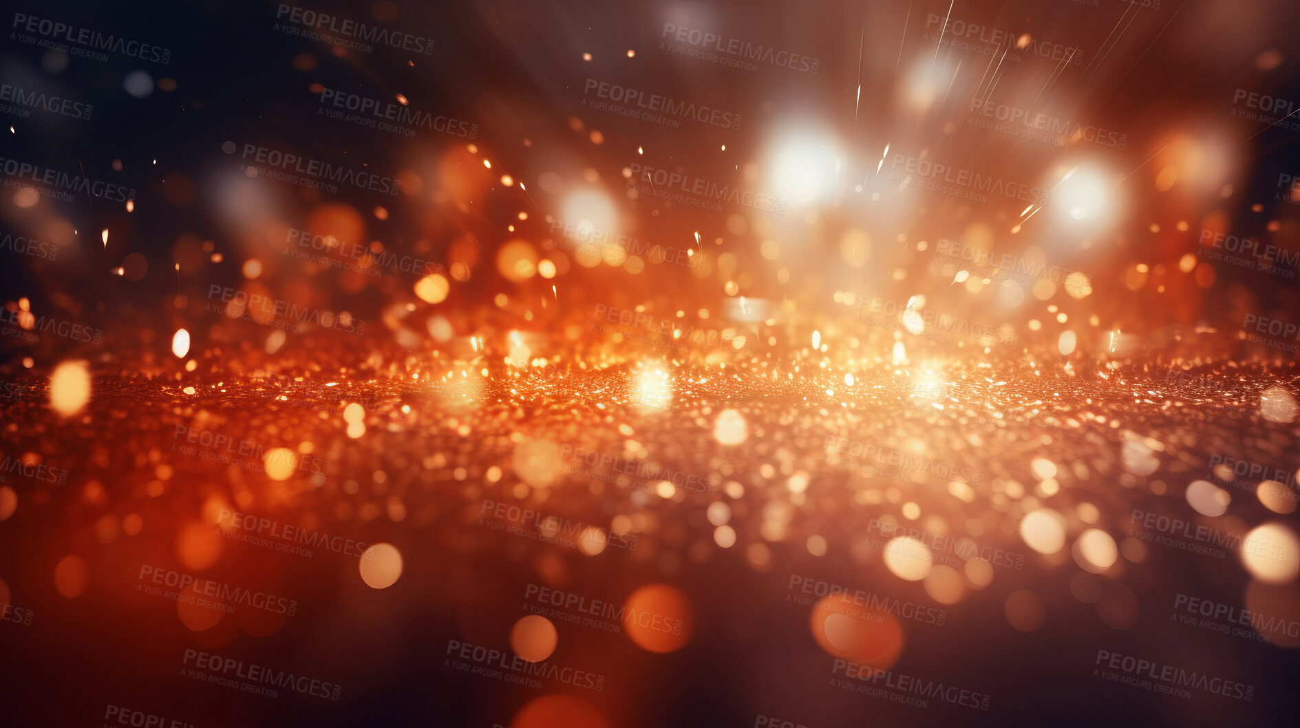 Buy stock photo Gold and red glitter glow particle bokeh background. Festive celebration wallpaper concept