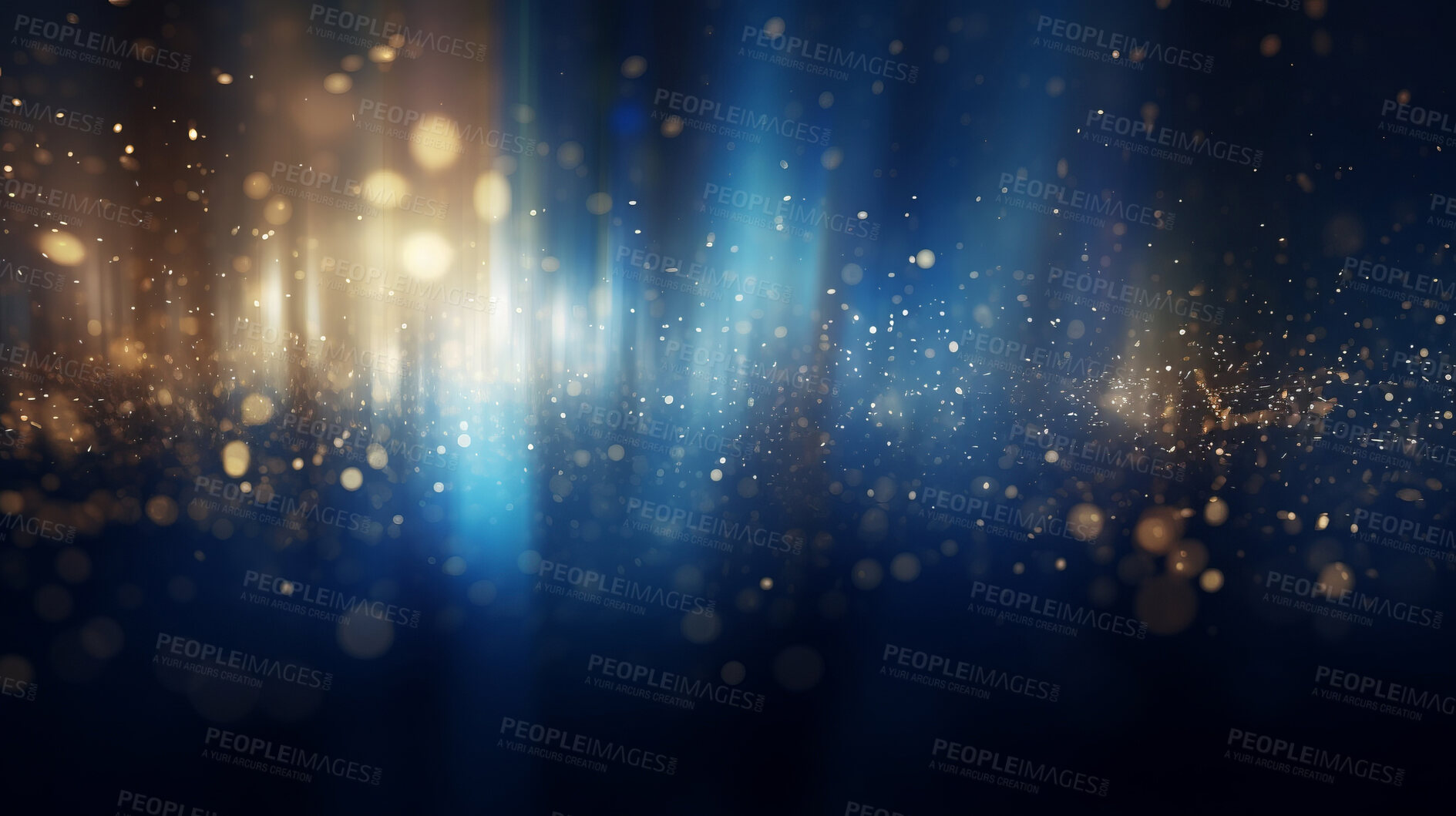 Buy stock photo Blue and gold glitter glow particle bokeh background. Festive celebration wallpaper concept