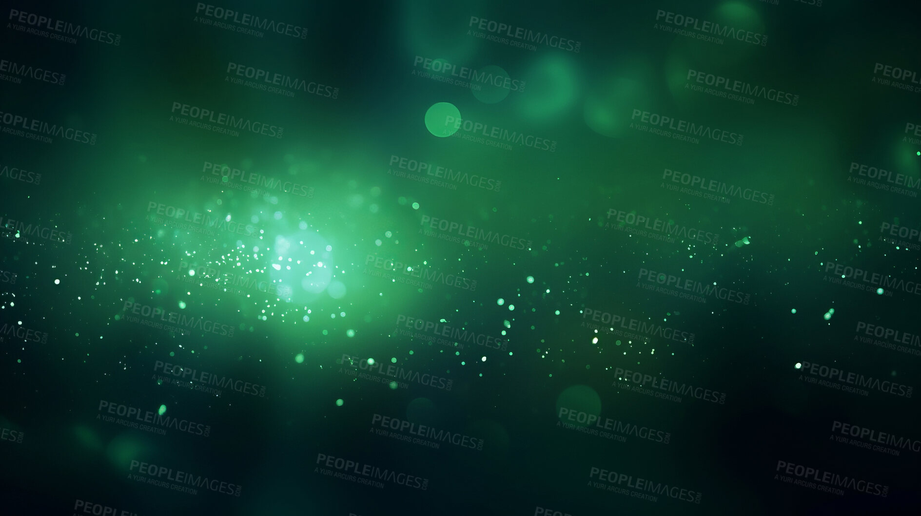 Buy stock photo Green glitter glow particle bokeh background. Festive celebration wallpaper concept