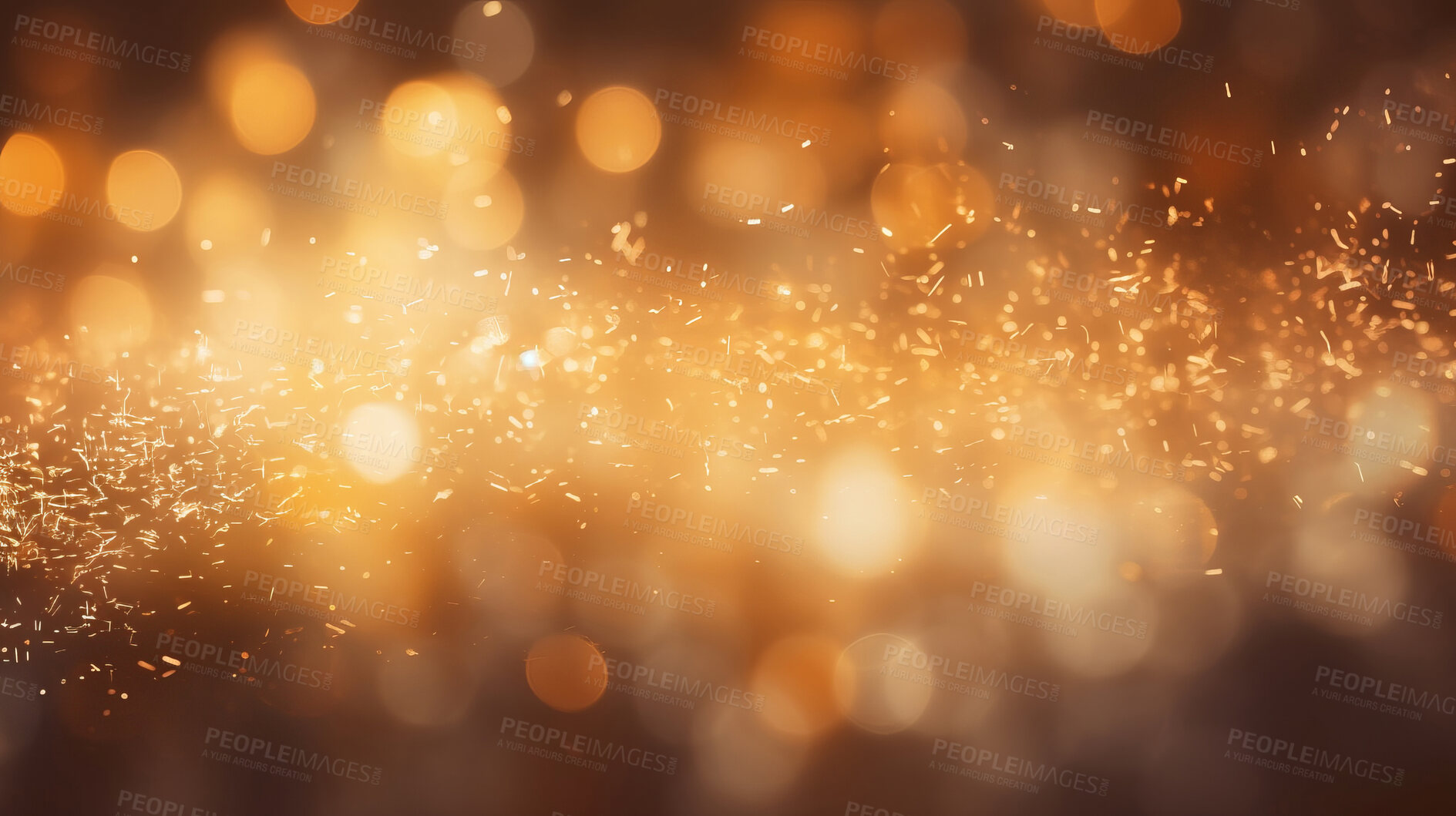 Buy stock photo Gold glitter glow particle bokeh background. Festive celebration wallpaper concept