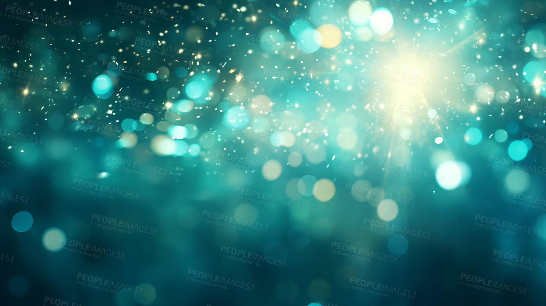 Buy stock photo Teal glitter glow particle bokeh background. Festive celebration wallpaper concept