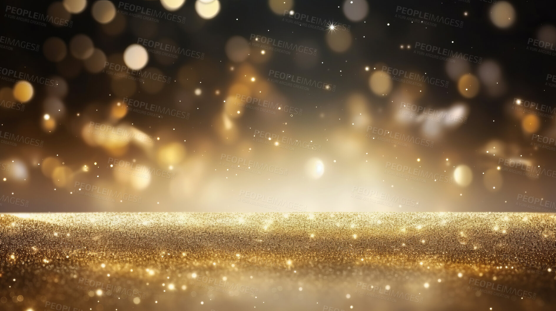 Buy stock photo Gold glitter glow particle bokeh background. Festive celebration wallpaper concept