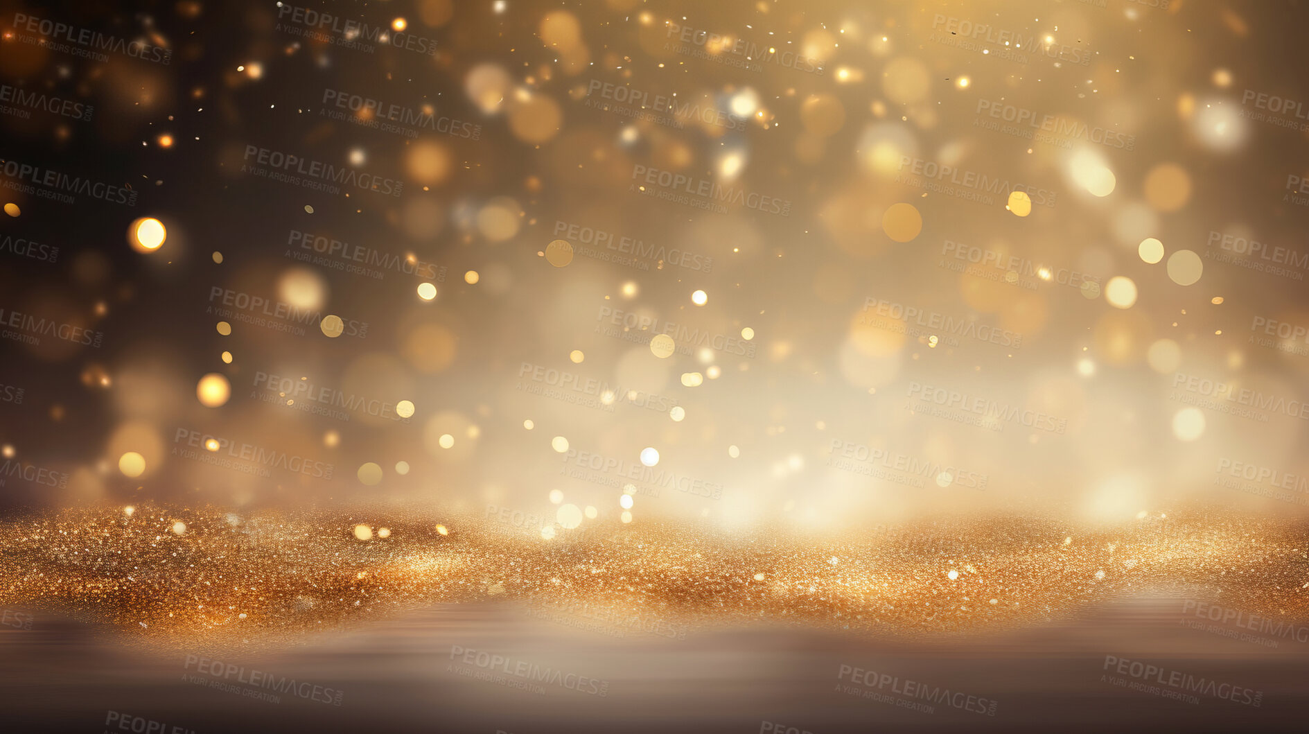 Buy stock photo Gold glitter glow particle bokeh background. Festive celebration wallpaper concept