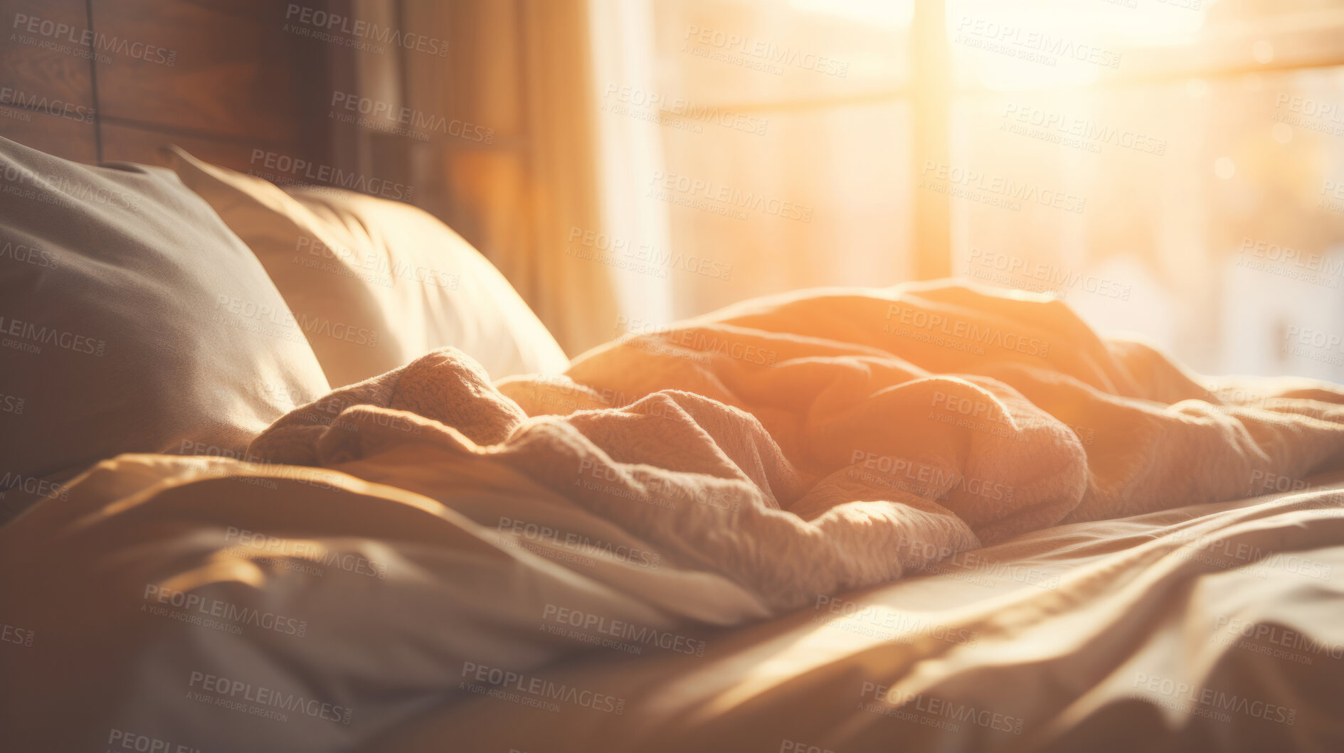 Buy stock photo Sunlight on bed in simple bright bedroom. Cozy home interior design