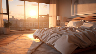 Sunlight on bed in simple bright bedroom. Cozy home interior design