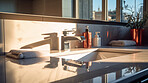 Sunlight on modern bathroom countertop. Bright natural light interior design