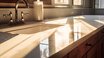 Sunlight on modern bathroom countertop. Bright natural light interior design