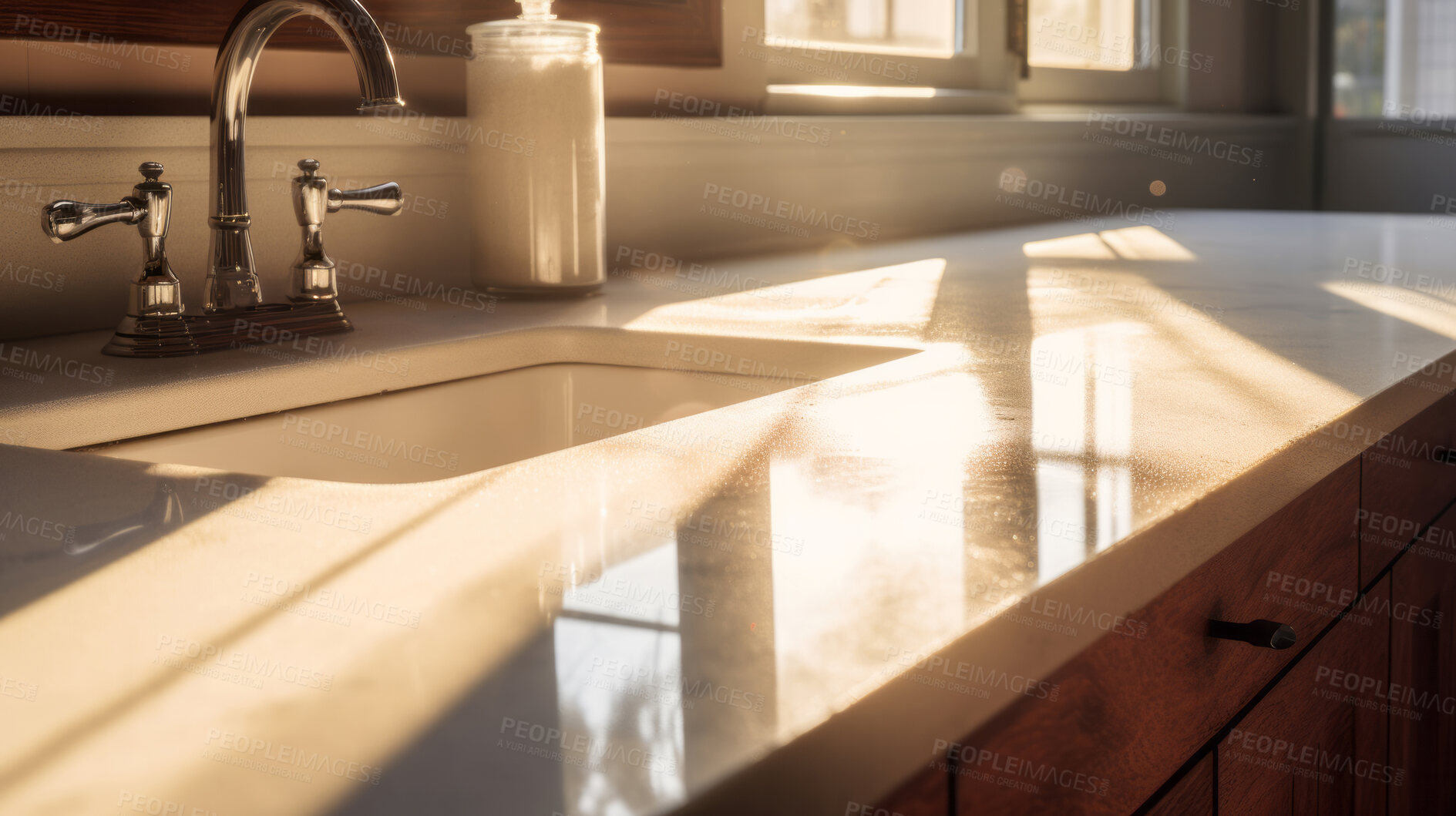 Buy stock photo Sunlight on modern bathroom countertop. Bright natural light interior design