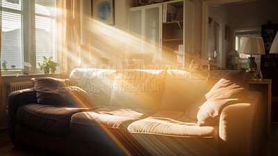 Sunlight on sofa couch in living room. Cozy natural light interior design