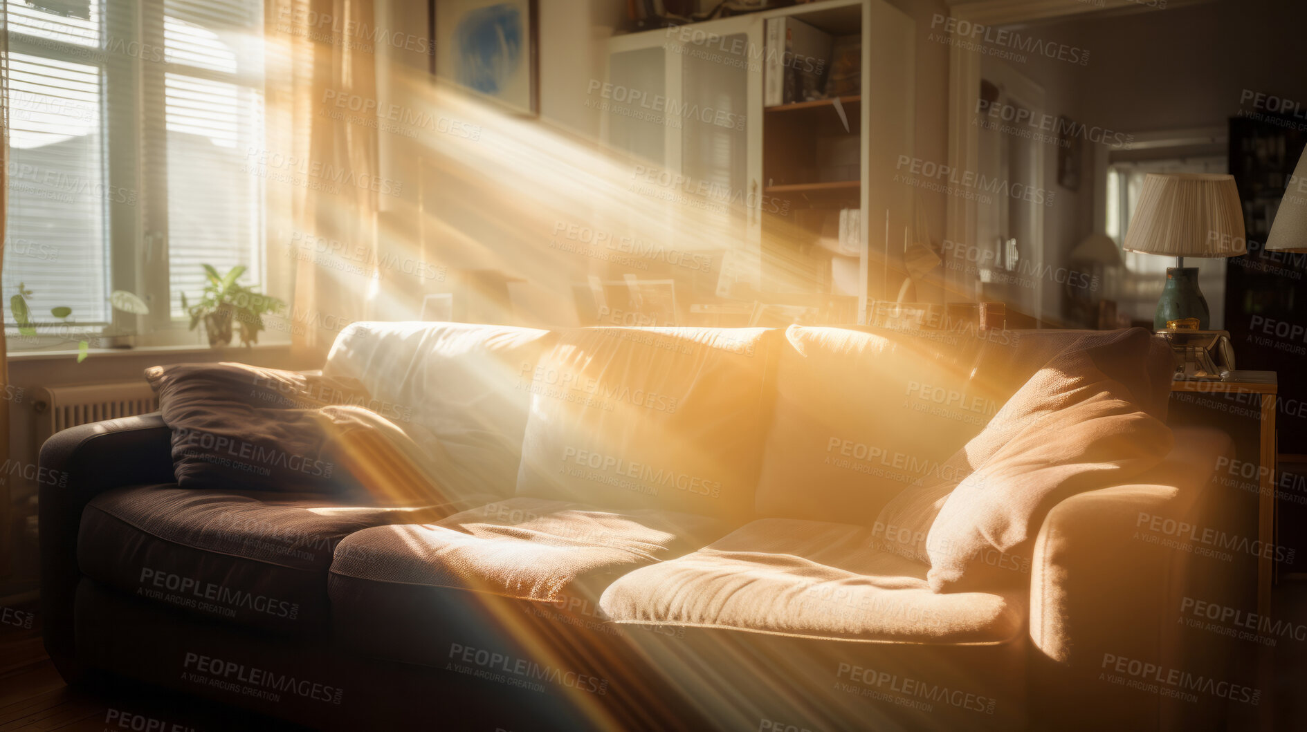 Buy stock photo Sunlight on sofa couch in living room. Cozy natural light interior design