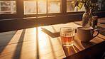 Sunlight on home office desk table. Bright natural light interior design