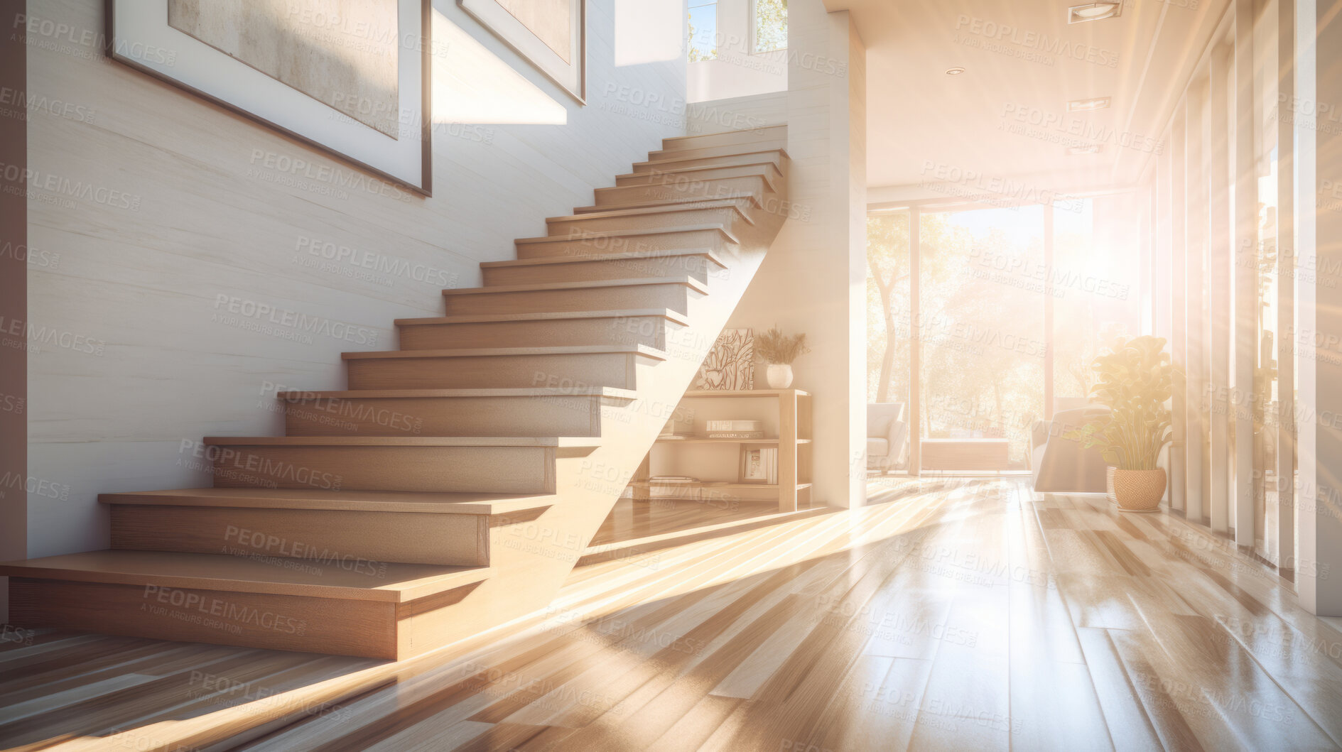 Buy stock photo Sunlight in home entrance hallway with stairs. Warm peaceful interior design