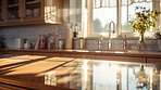 Sunlight on modern kitchen countertop. Bright natural light interior design