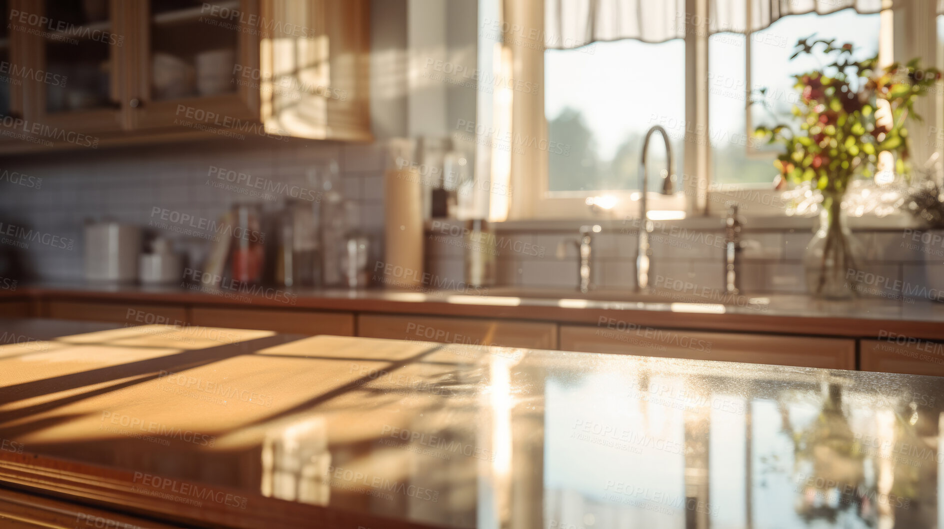 Buy stock photo Sunlight on modern kitchen countertop. Bright natural light interior design